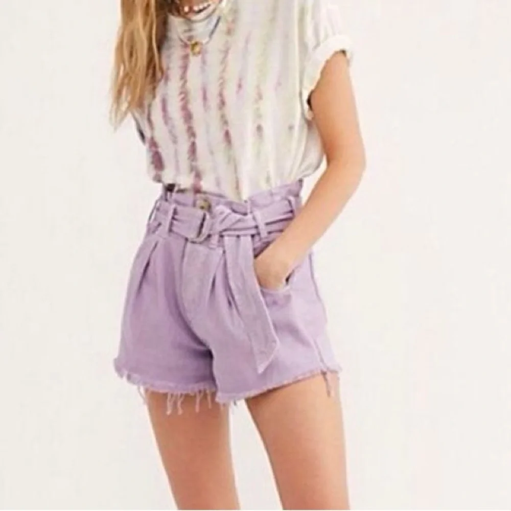 Free People See You Sometime High Waisted Belted Cut Off Shorts Lilac Purple XS